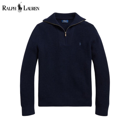 RL Waffle-Knit Wool-Cotton Quarter-Zip Sweater Blue Navy / S RL Waffle-Knit Wool-Cotton Quarter-Zip Sweater