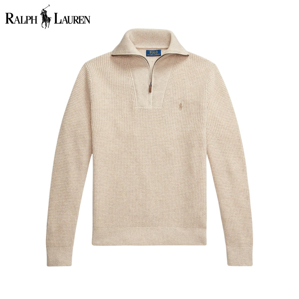 RL Waffle-Knit Wool-Cotton Quarter-Zip Sweater Cream / S RL Waffle-Knit Wool-Cotton Quarter-Zip Sweater